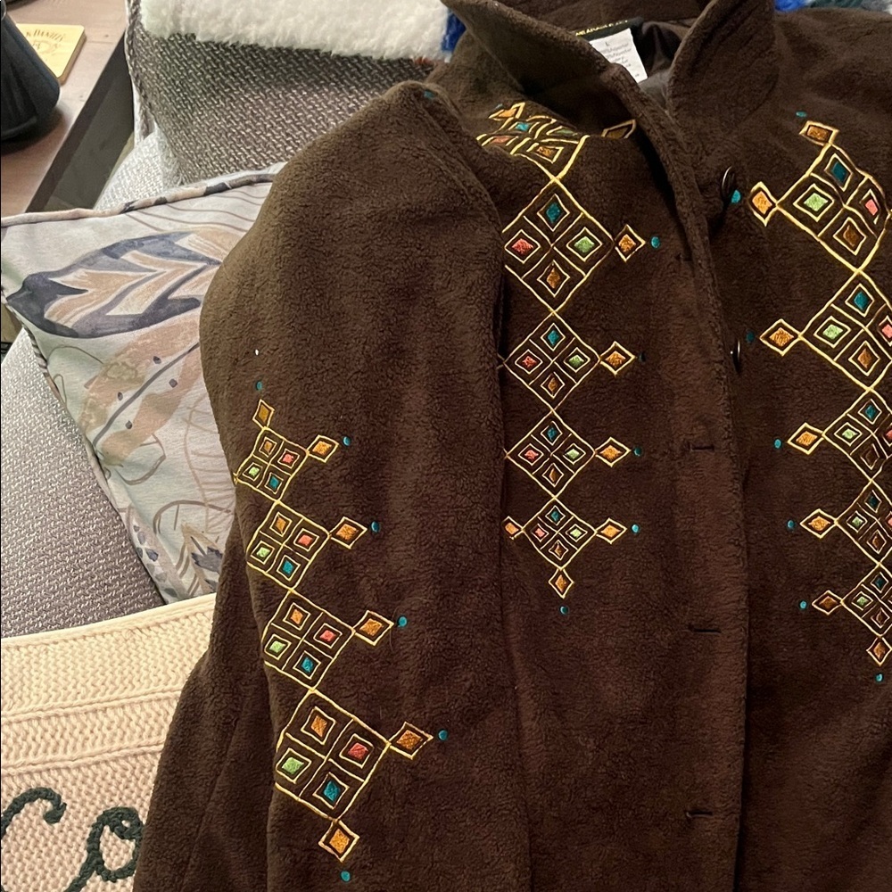Bob Mockie Brown Jacket with Embroidered Patterns Wearable Art - Picture 3 of 9